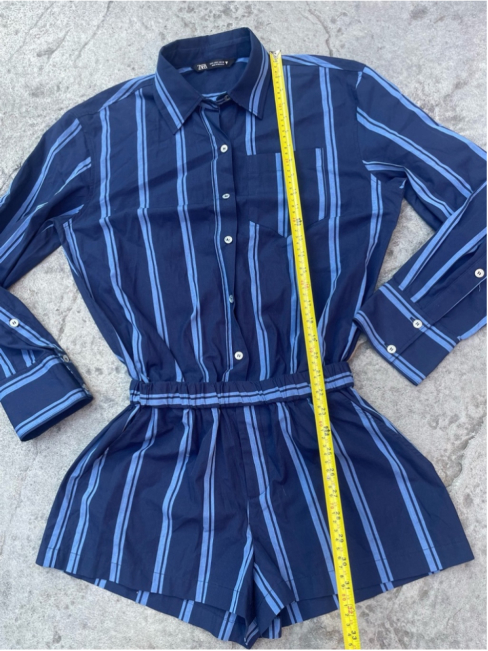 Zara Striped Shirt Romper | Navy Blue | Size L | Linen Blend | Long Sleeve - Picture 9 of 10